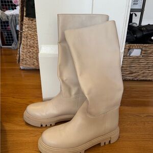 Yoox Knee High Cream Leather Lug-Sole Boots